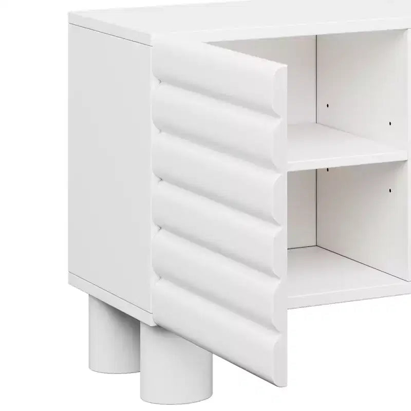 Meuble TV moderne avec rangement pour TV 75 pouces, console média solide avec étagères réglables, meuble TV avec porte ondulée