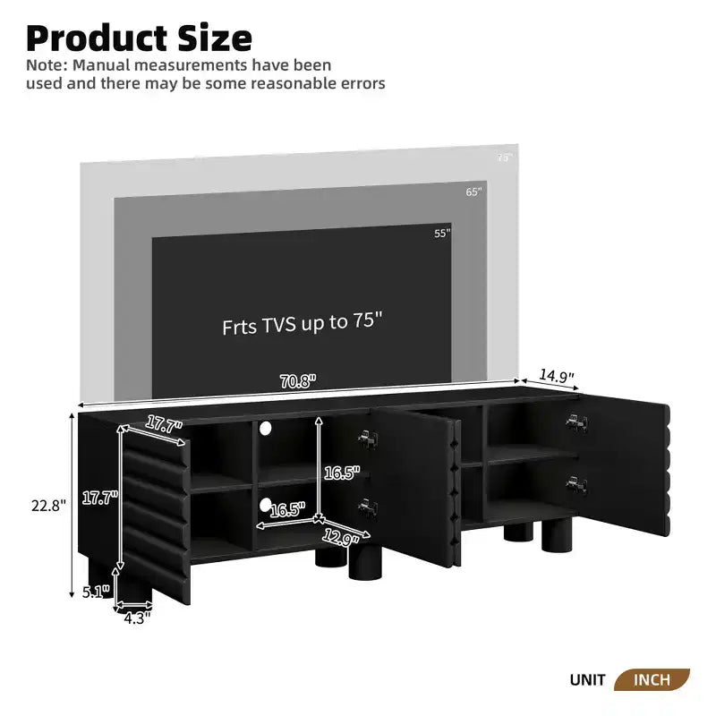 Meuble TV moderne avec rangement pour TV 75 pouces, console média solide avec étagères réglables, meuble TV avec porte ondulée