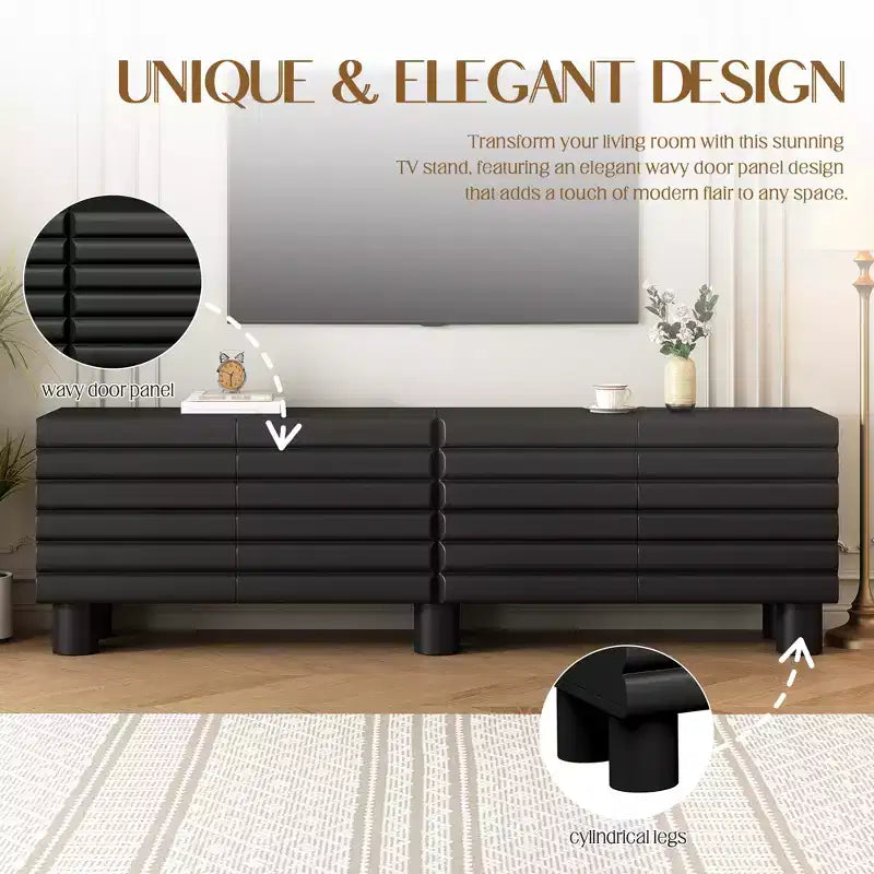 Meuble TV moderne avec rangement pour TV 75 pouces, console média solide avec étagères réglables, meuble TV avec porte ondulée