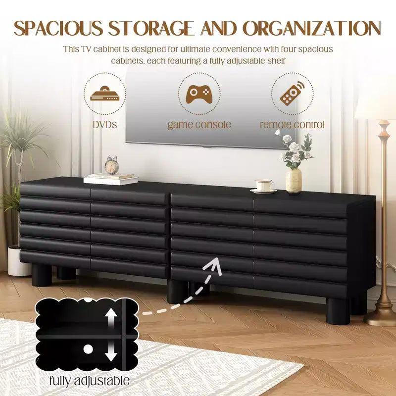 Meuble TV moderne avec rangement pour TV 75 pouces, console média solide avec étagères réglables, meuble TV avec porte ondulée