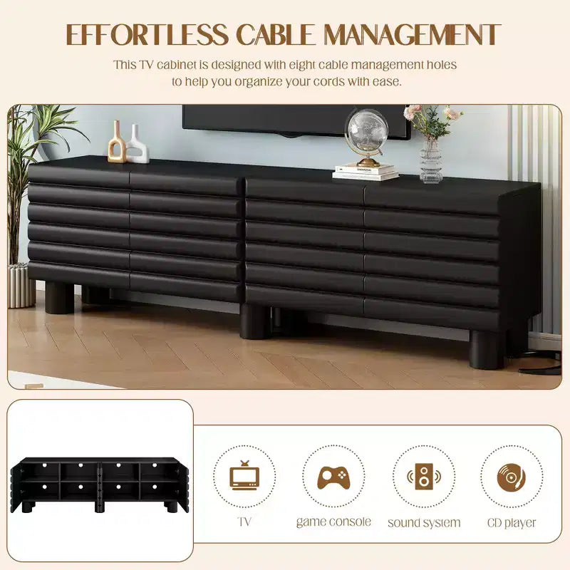 Meuble TV moderne avec rangement pour TV 75 pouces, console média solide avec étagères réglables, meuble TV avec porte ondulée