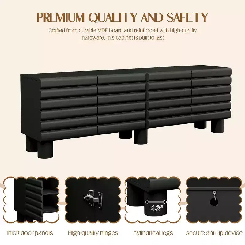 Meuble TV moderne avec rangement pour TV 75 pouces, console média solide avec étagères réglables, meuble TV avec porte ondulée