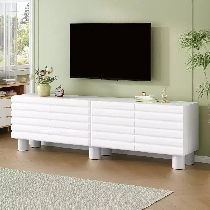 Meuble TV moderne avec rangement pour TV 75 pouces, console média solide avec étagères réglables, meuble TV avec porte ondulée