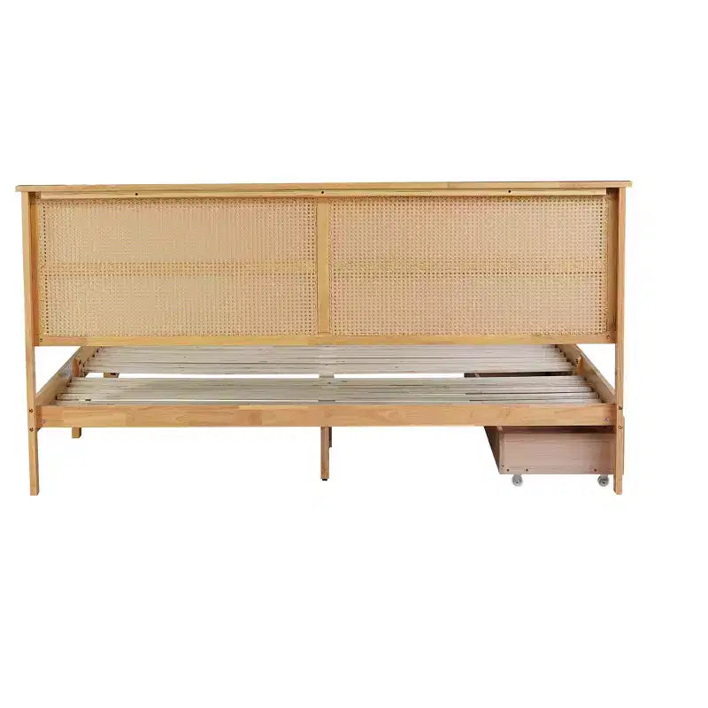Lit King Size avec tête de lit en rotin, 2 tiroirs de rangement, lattes et pieds de support renforcés