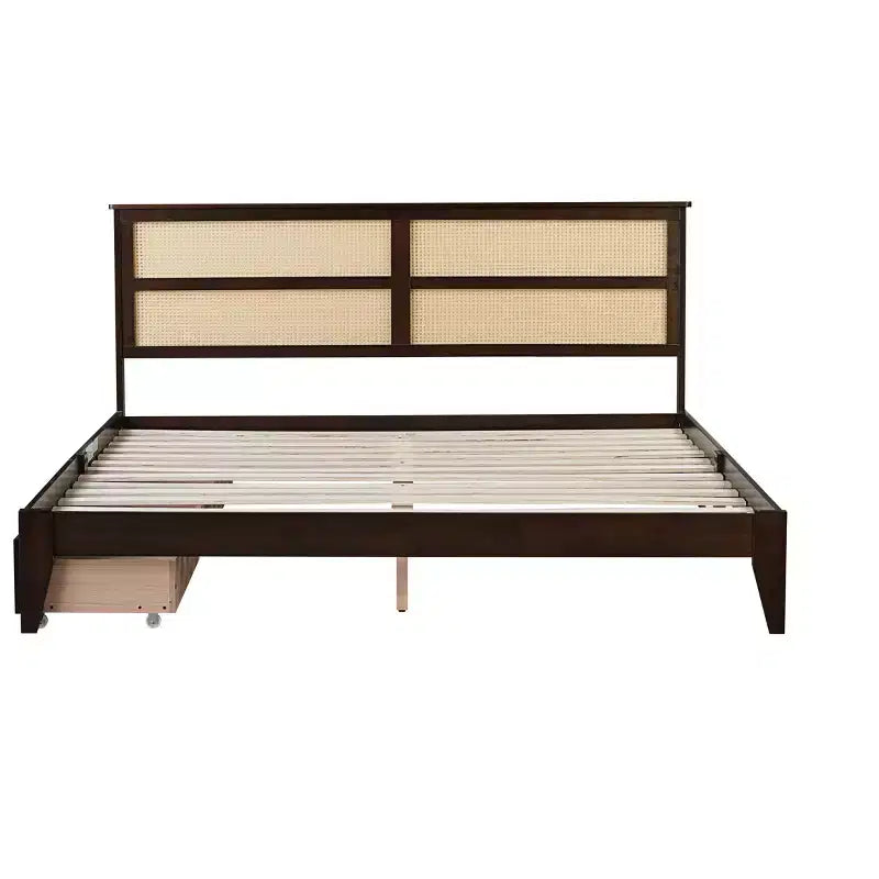 Lit King Size avec tête de lit en rotin, 2 tiroirs de rangement, lattes et pieds de support renforcés