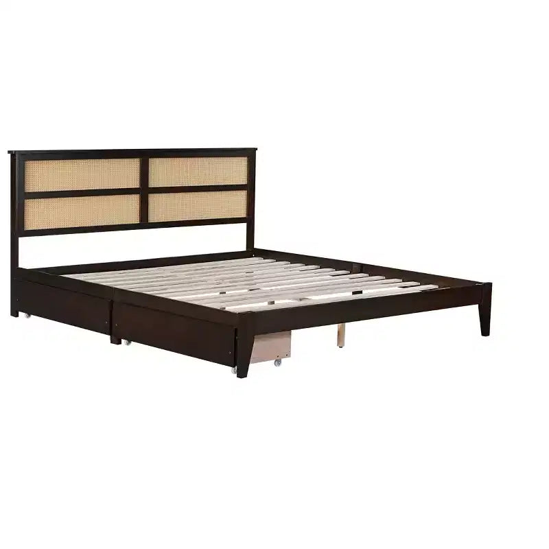 Lit King Size avec tête de lit en rotin, 2 tiroirs de rangement, lattes et pieds de support renforcés