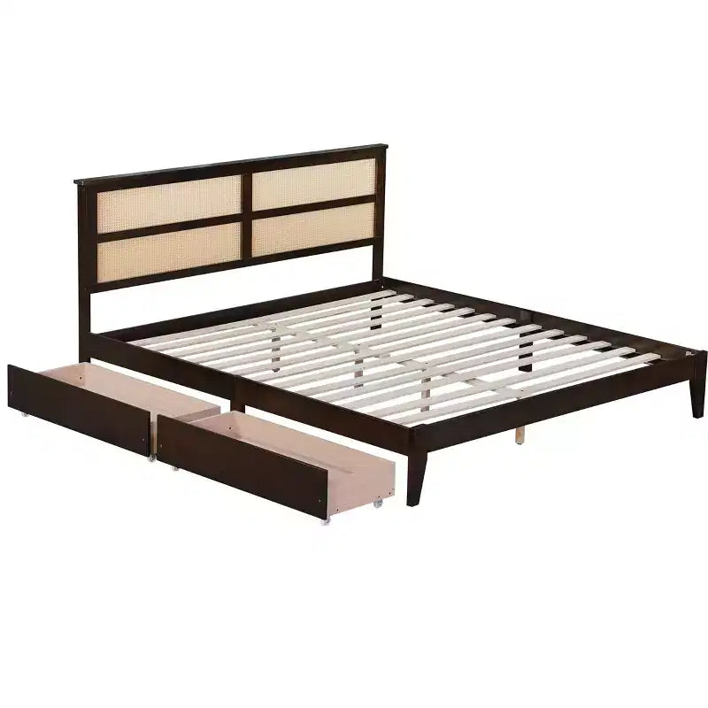 Lit King Size avec tête de lit en rotin, 2 tiroirs de rangement, lattes et pieds de support renforcés