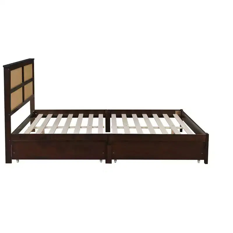Lit King Size avec tête de lit en rotin, 2 tiroirs de rangement, lattes et pieds de support renforcés