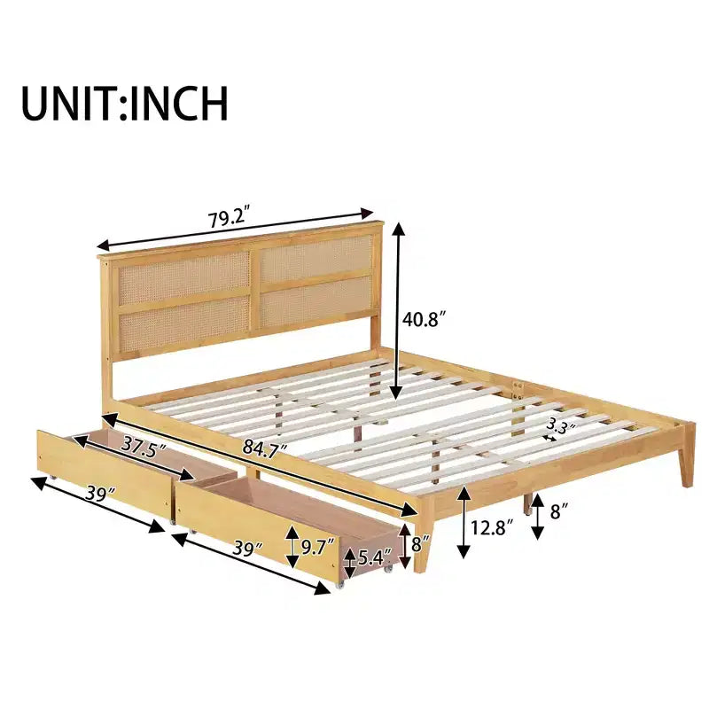 Lit King Size avec tête de lit en rotin, 2 tiroirs de rangement, lattes et pieds de support renforcés