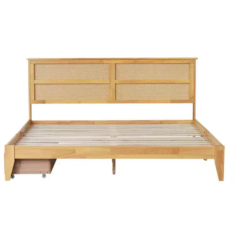 Lit King Size avec tête de lit en rotin, 2 tiroirs de rangement, lattes et pieds de support renforcés