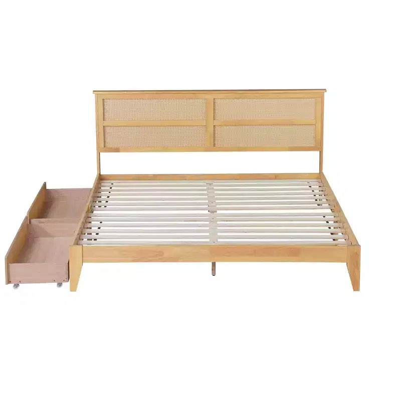 Lit King Size avec tête de lit en rotin, 2 tiroirs de rangement, lattes et pieds de support renforcés