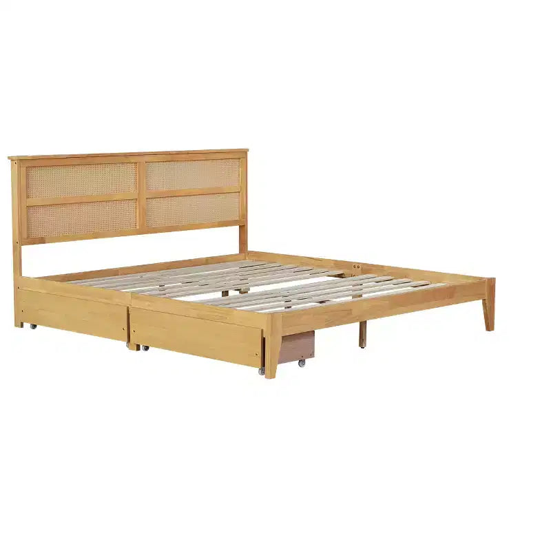 Lit King Size avec tête de lit en rotin, 2 tiroirs de rangement, lattes et pieds de support renforcés