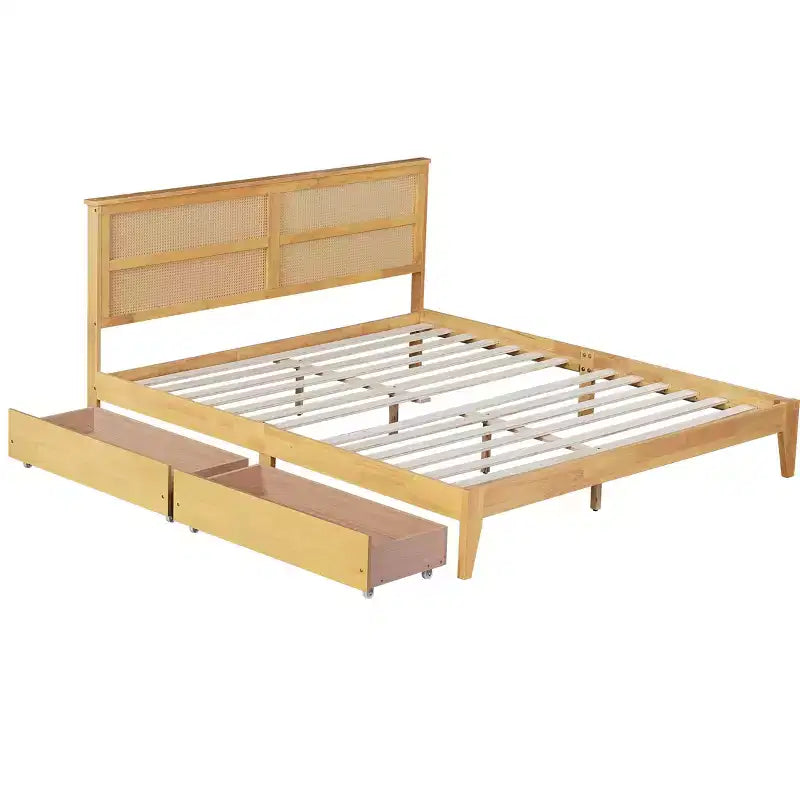 Lit King Size avec tête de lit en rotin, 2 tiroirs de rangement, lattes et pieds de support renforcés