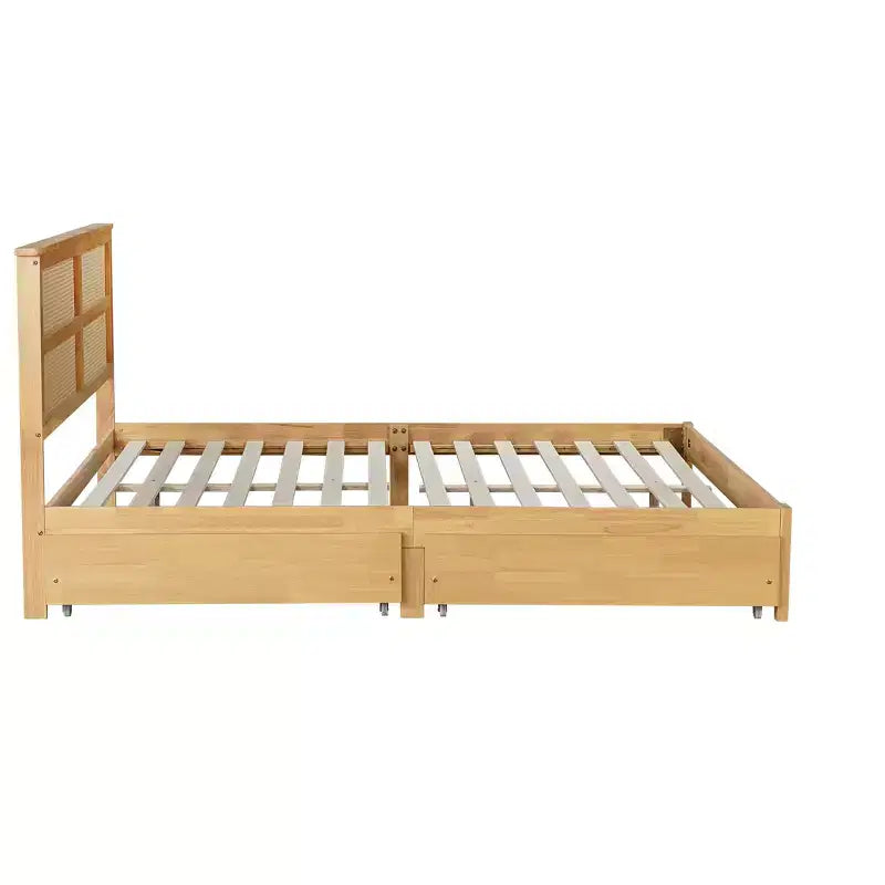Lit King Size avec tête de lit en rotin, 2 tiroirs de rangement, lattes et pieds de support renforcés