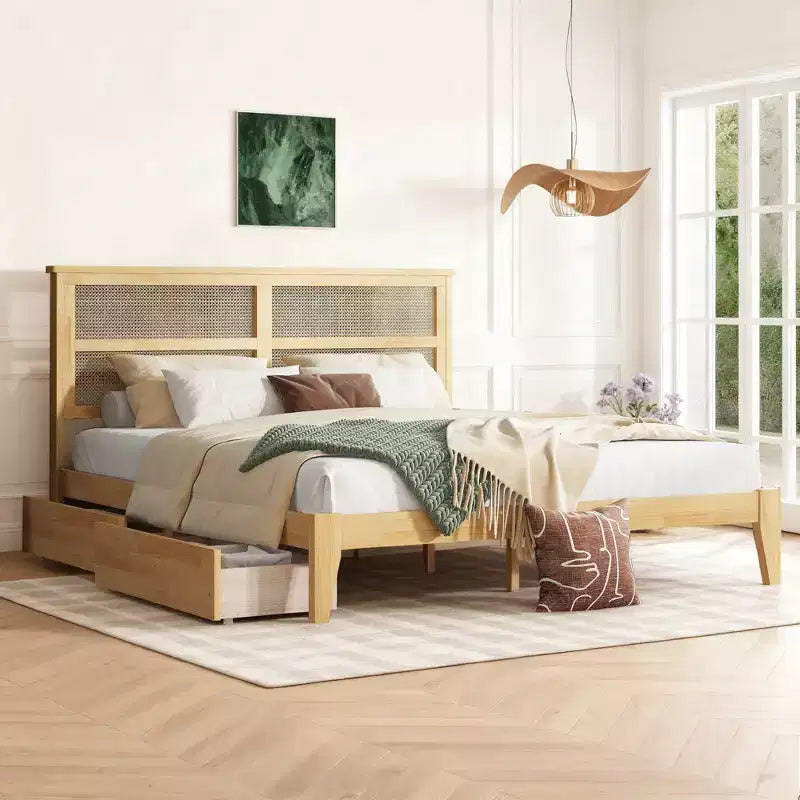 Lit King Size avec tête de lit en rotin, 2 tiroirs de rangement, lattes et pieds de support renforcés