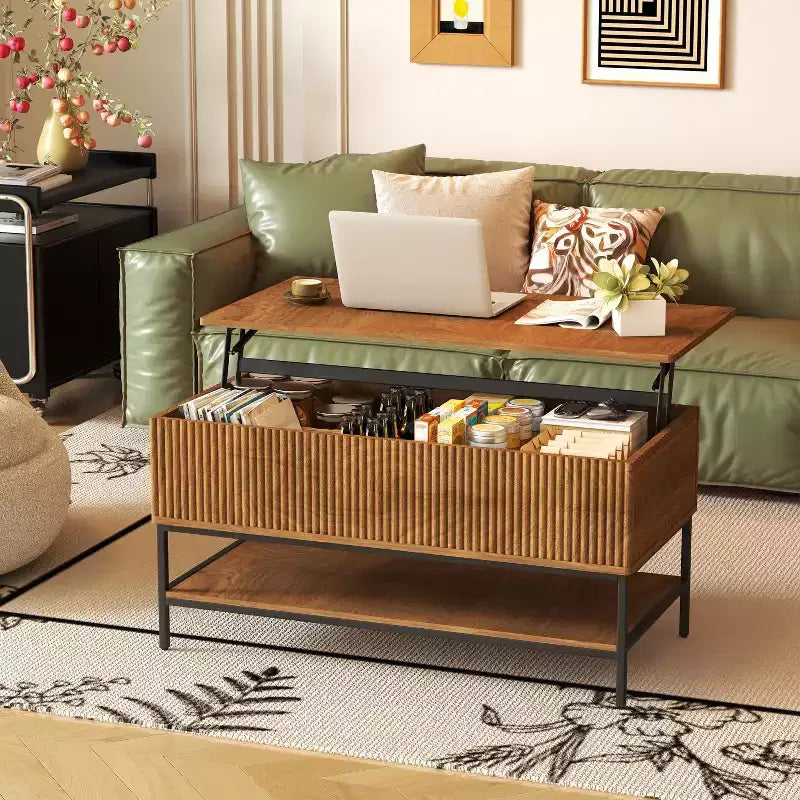 GDFStudio Sorren Rustic Lift-Top Coffee Table with Hidden Storage and Two-Tier Shelf