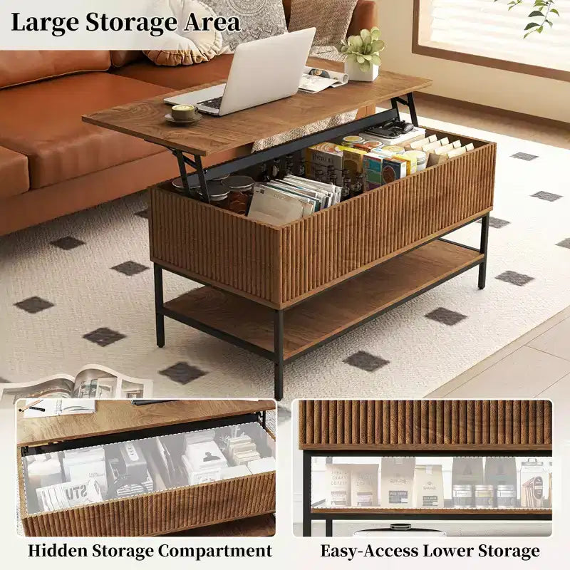 GDFStudio Sorren Rustic Lift-Top Coffee Table with Hidden Storage and Two-Tier Shelf