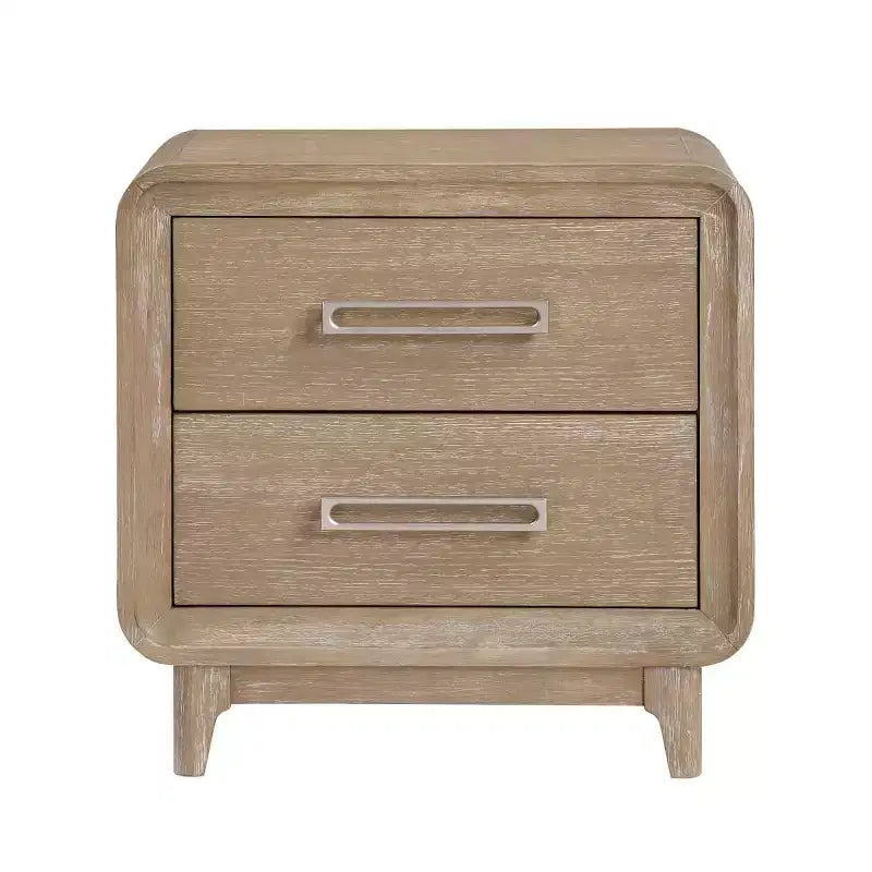 Table de chevet moderne en bois avec 2 tiroirs de rangement, coins arrondis, poignées métalliques, pour chambre à coucher ou chambre d'amis