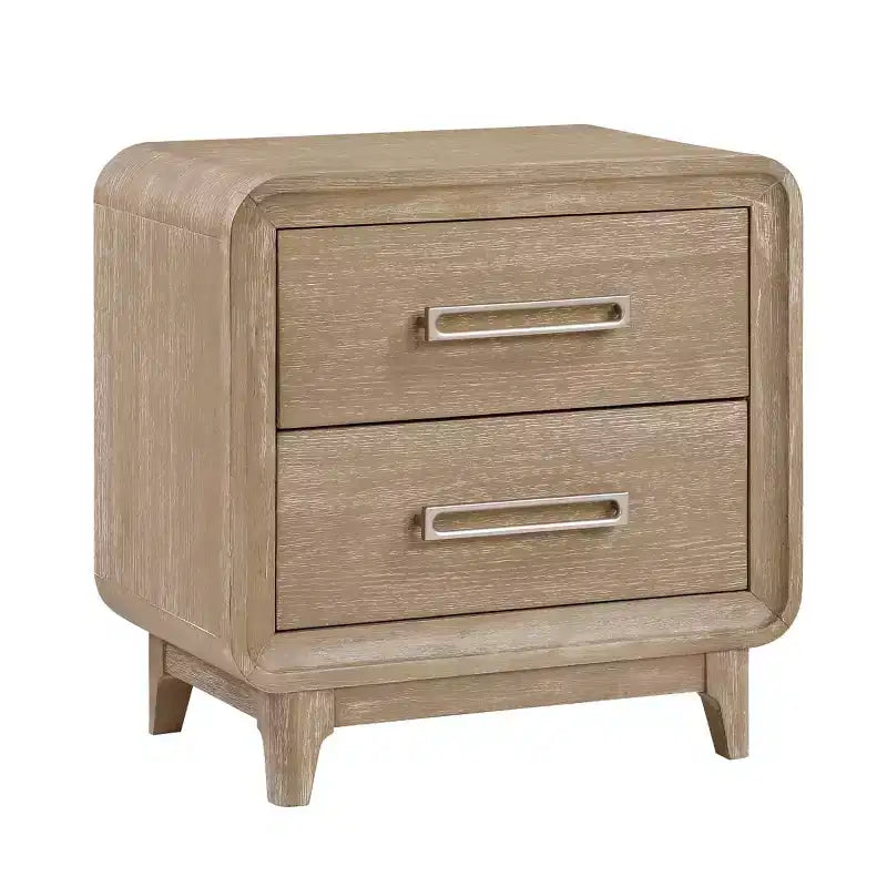 Table de chevet moderne en bois avec 2 tiroirs de rangement, coins arrondis, poignées métalliques, pour chambre à coucher ou chambre d'amis