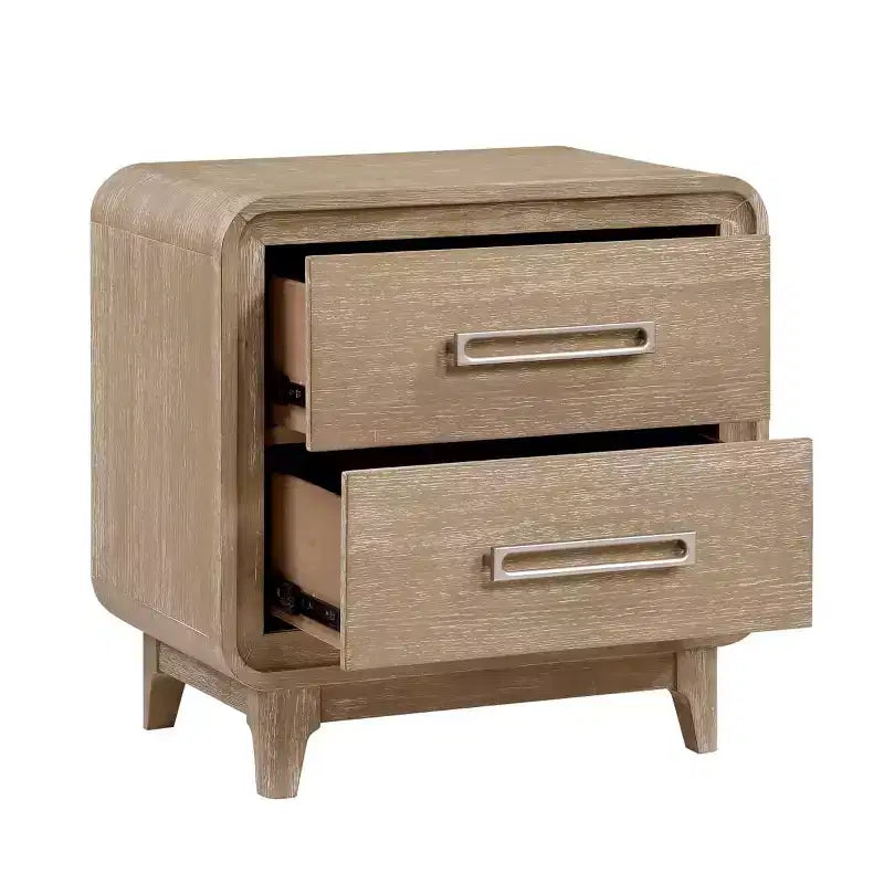 Table de chevet moderne en bois avec 2 tiroirs de rangement, coins arrondis, poignées métalliques, pour chambre à coucher ou chambre d'amis