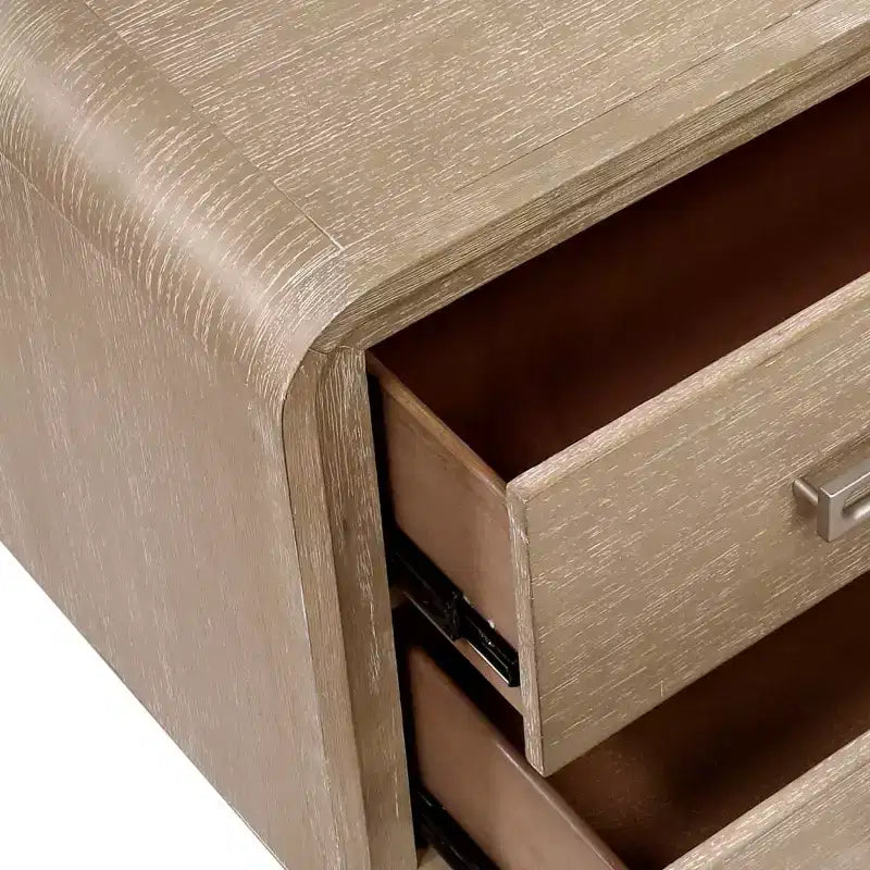 Table de chevet moderne en bois avec 2 tiroirs de rangement, coins arrondis, poignées métalliques, pour chambre à coucher ou chambre d'amis
