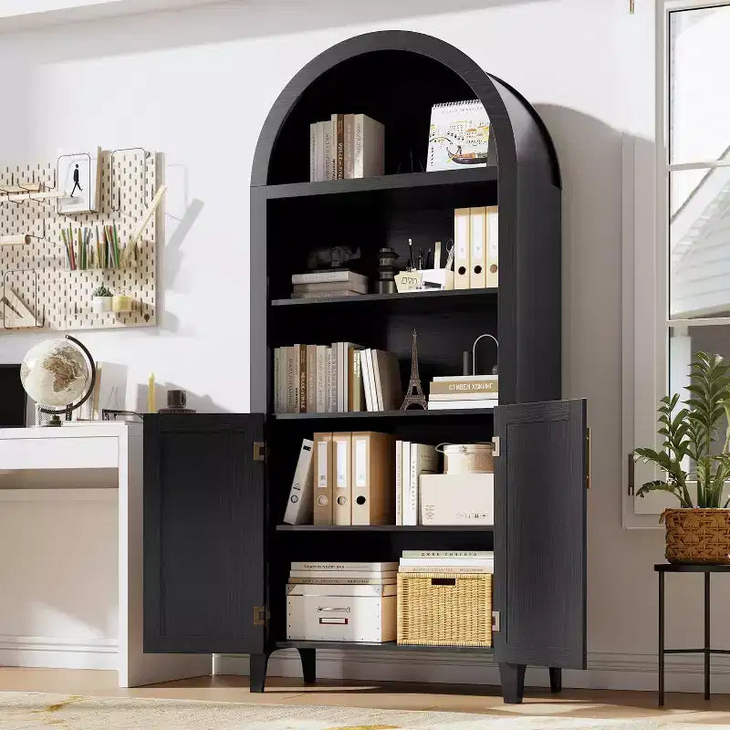 Bibliothèque arquée avec portes - Étagère de présentation ouverte à 5 niveaux, Meuble de rangement moderne pour bureau à domicile, salon, bibliothèque