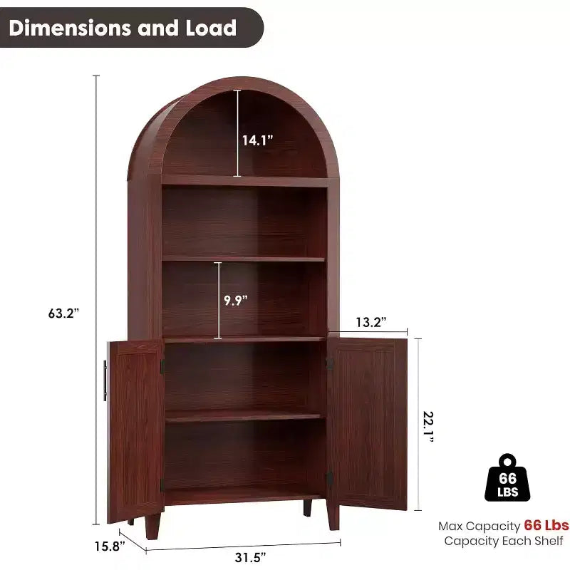 Bibliothèque arquée avec portes - Étagère de présentation ouverte à 5 niveaux, Meuble de rangement moderne pour bureau à domicile, salon, bibliothèque