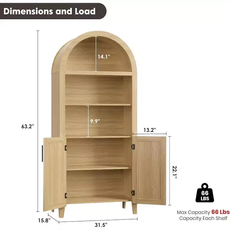 Bibliothèque arquée avec portes - Étagère de présentation ouverte à 5 niveaux, Meuble de rangement moderne pour bureau à domicile, salon, bibliothèque