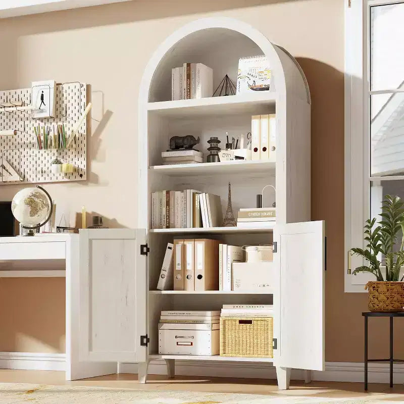 Bibliothèque arquée avec portes - Étagère de présentation ouverte à 5 niveaux, Meuble de rangement moderne pour bureau à domicile, salon, bibliothèque