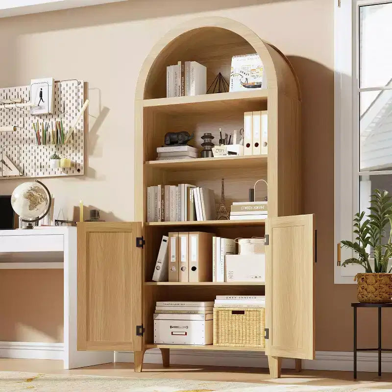 Bibliothèque arquée avec portes - Étagère de présentation ouverte à 5 niveaux, Meuble de rangement moderne pour bureau à domicile, salon, bibliothèque
