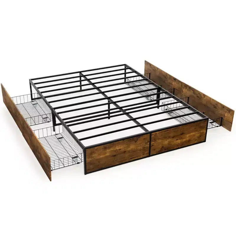 Costway Full Industrial Metal Platform Bed Frame with 4 Drawers Wooden Footboard