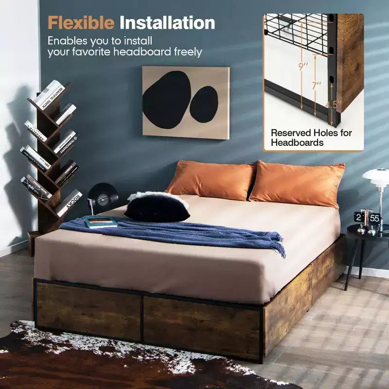 Cadre de lit plateforme en métal de style industriel avec 4 tiroirs et pied de lit en bois