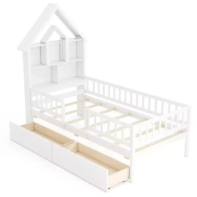 Costway Twin Size House Bed w/ 2 Drawers Kids Montessori Bed w/ Storage Headboard