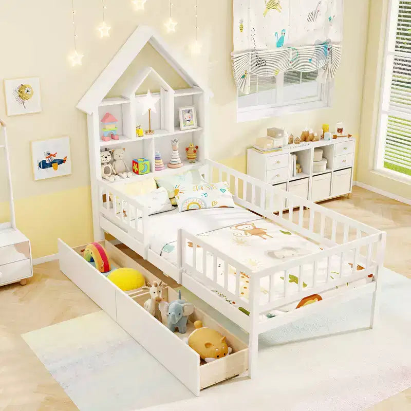 Lit cabane double avec 2 tiroirs Lit enfant avec tête de lit de rangement