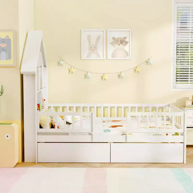 Lit cabane double avec 2 tiroirs Lit enfant avec tête de lit de rangement