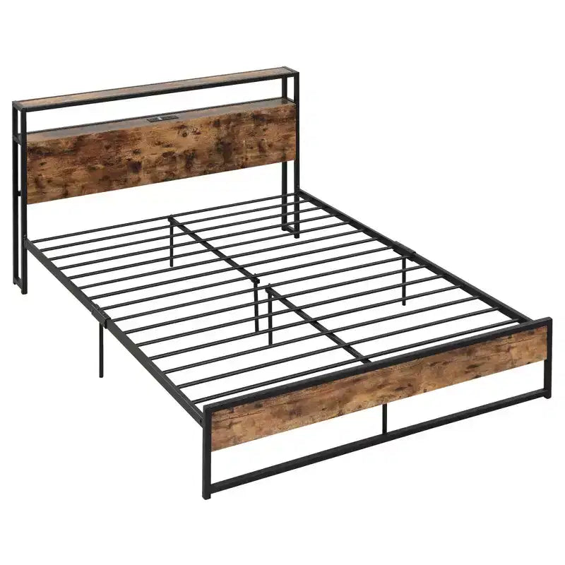 Costway Queen Size Industrial Platform Bed Frame with Charging Station Storage Headboard