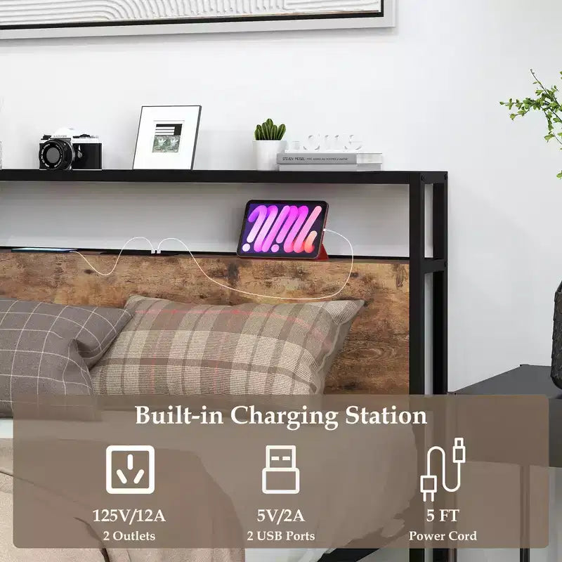 Cadre de lit plateforme industriel Queen Size avec station de recharge et tête de lit de rangement