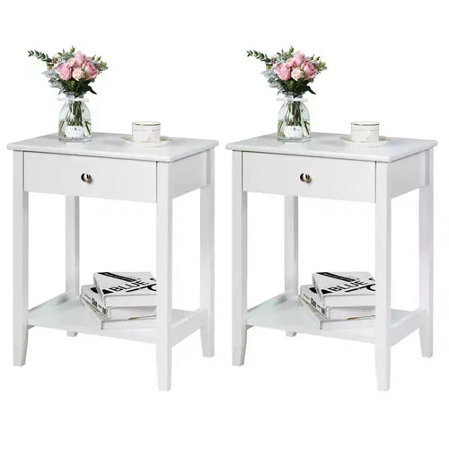 Costway 2PCS Nightstand Sofa Side End Table Bedroom Living Room w/ Shelf Drawer White