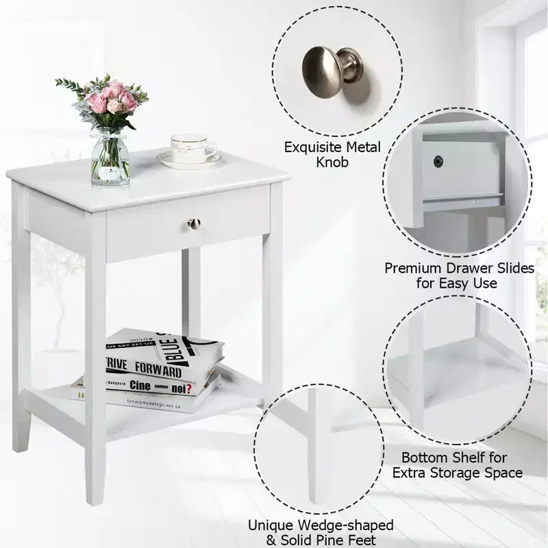 Table d'appoint de canapé-table de chevet 2 pièces avec étagère et tiroir blanc pour chambre et salon