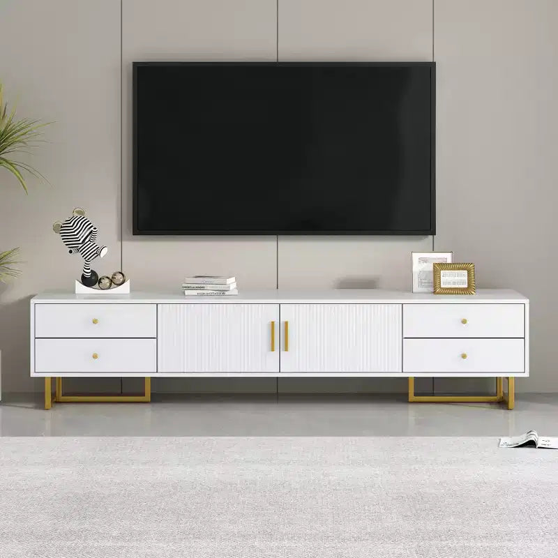 Meuble TV moderne pour téléviseur 65 pouces, meuble de divertissement, console multimédia avec tiroir, meuble de rangement TV en bois avec pieds dorés
