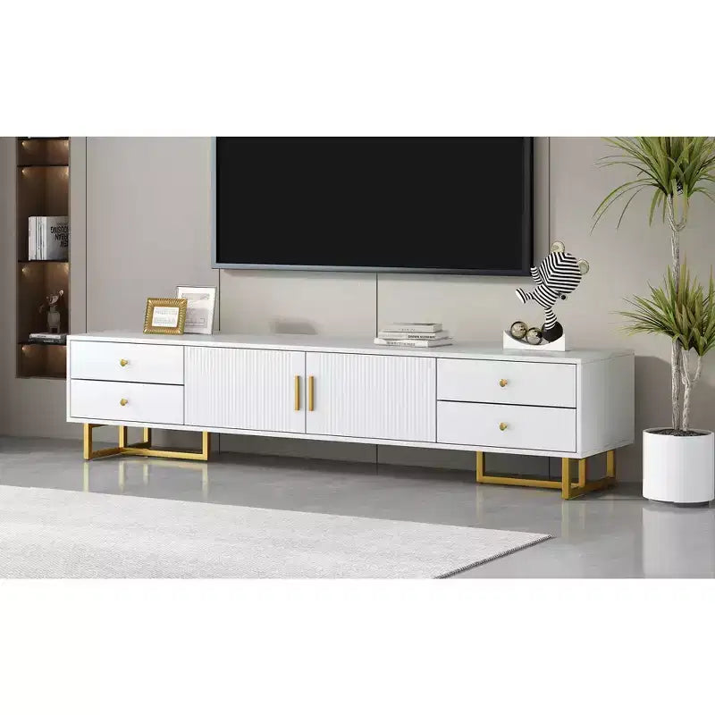 Meuble TV moderne pour téléviseur 65 pouces, meuble de divertissement, console multimédia avec tiroir, meuble de rangement TV en bois avec pieds dorés