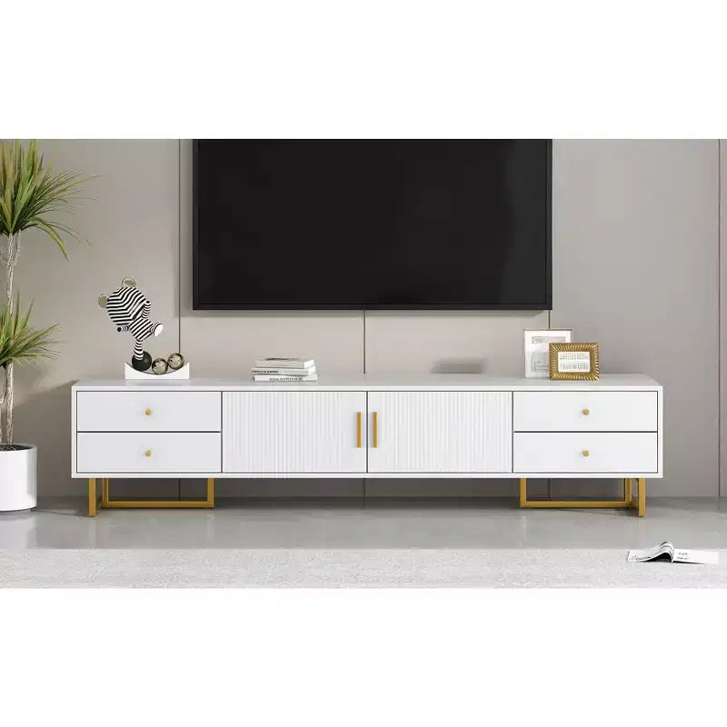 Meuble TV moderne pour téléviseur 65 pouces, meuble de divertissement, console multimédia avec tiroir, meuble de rangement TV en bois avec pieds dorés