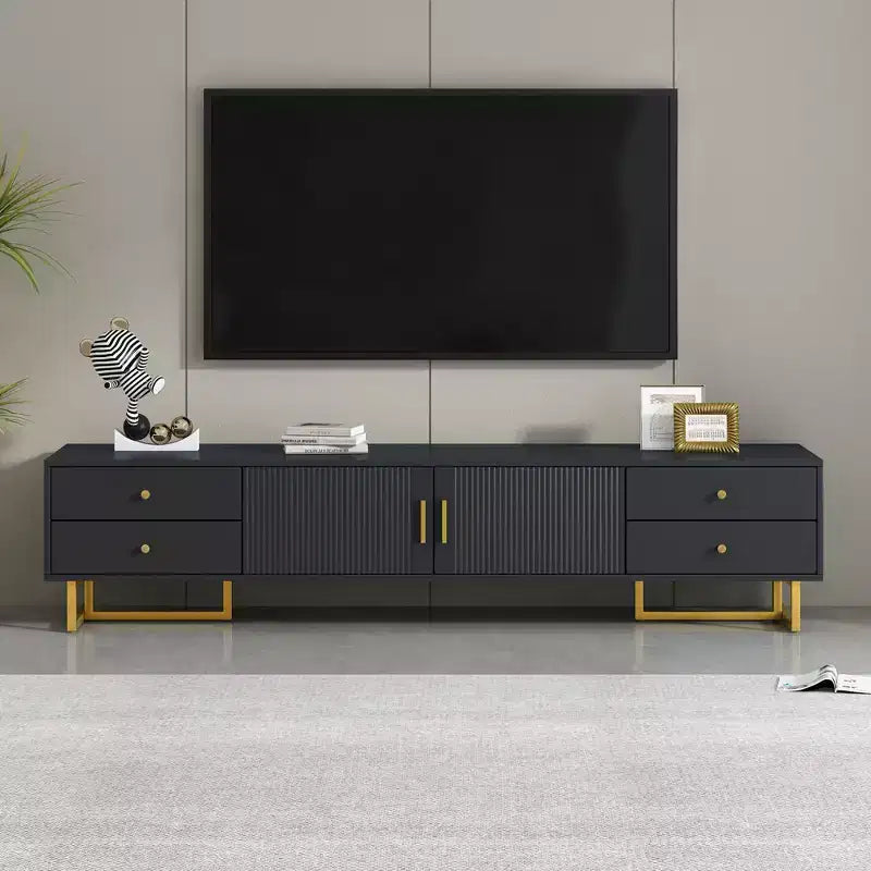 Meuble TV moderne pour téléviseur 65 pouces, meuble de divertissement, console multimédia avec tiroir, meuble de rangement TV en bois avec pieds dorés