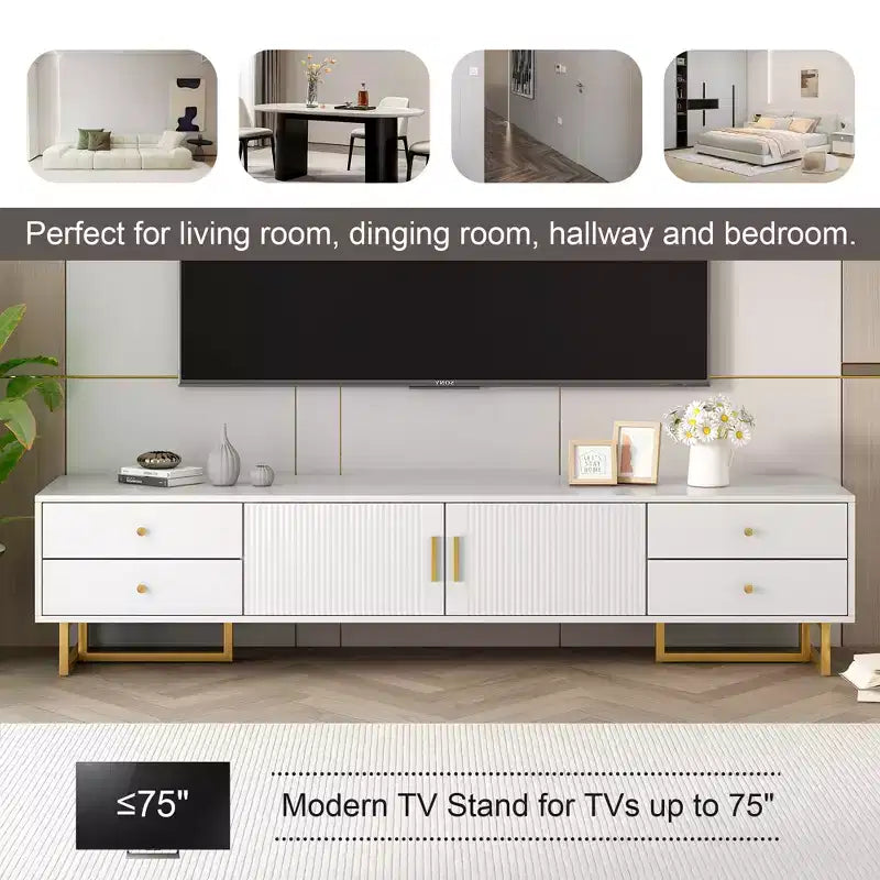 Meuble TV moderne pour téléviseur 65 pouces, meuble de divertissement, console multimédia avec tiroir, meuble de rangement TV en bois avec pieds dorés