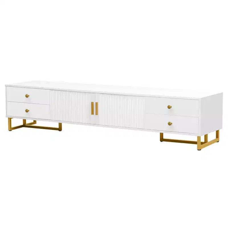 Meuble TV moderne pour téléviseur 65 pouces, meuble de divertissement, console multimédia avec tiroir, meuble de rangement TV en bois avec pieds dorés