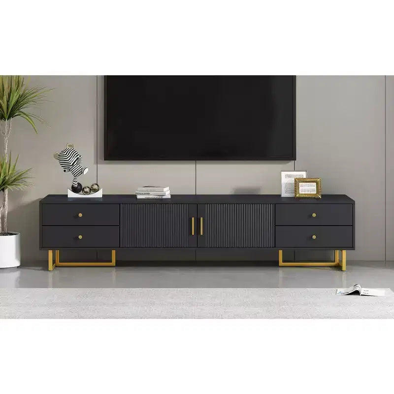 Meuble TV moderne pour téléviseur 65 pouces, meuble de divertissement, console multimédia avec tiroir, meuble de rangement TV en bois avec pieds dorés
