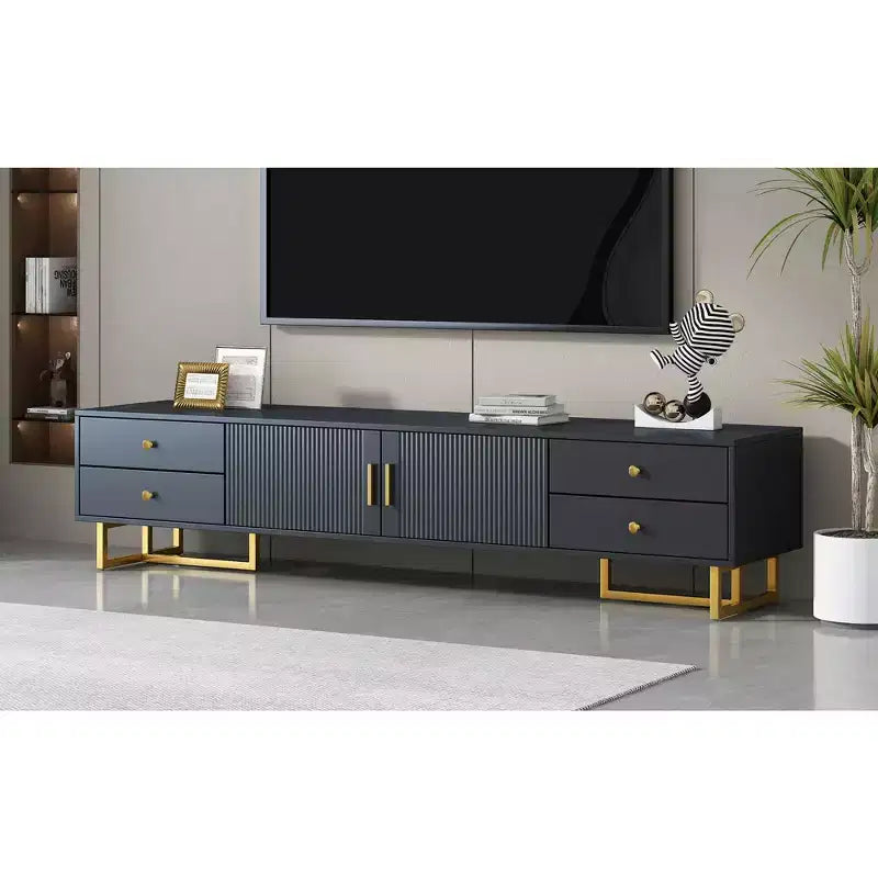 Meuble TV moderne pour téléviseur 65 pouces, meuble de divertissement, console multimédia avec tiroir, meuble de rangement TV en bois avec pieds dorés