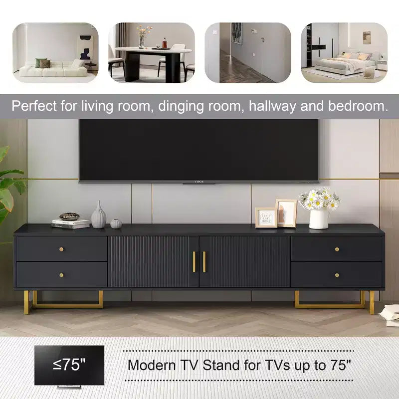 Meuble TV moderne pour téléviseur 65 pouces, meuble de divertissement, console multimédia avec tiroir, meuble de rangement TV en bois avec pieds dorés
