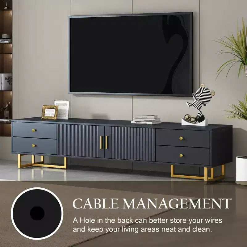 Meuble TV moderne pour téléviseur 65 pouces, meuble de divertissement, console multimédia avec tiroir, meuble de rangement TV en bois avec pieds dorés