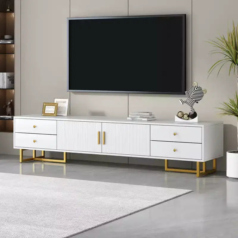 Meuble TV moderne pour téléviseur 65 pouces, meuble de divertissement, console multimédia avec tiroir, meuble de rangement TV en bois avec pieds dorés
